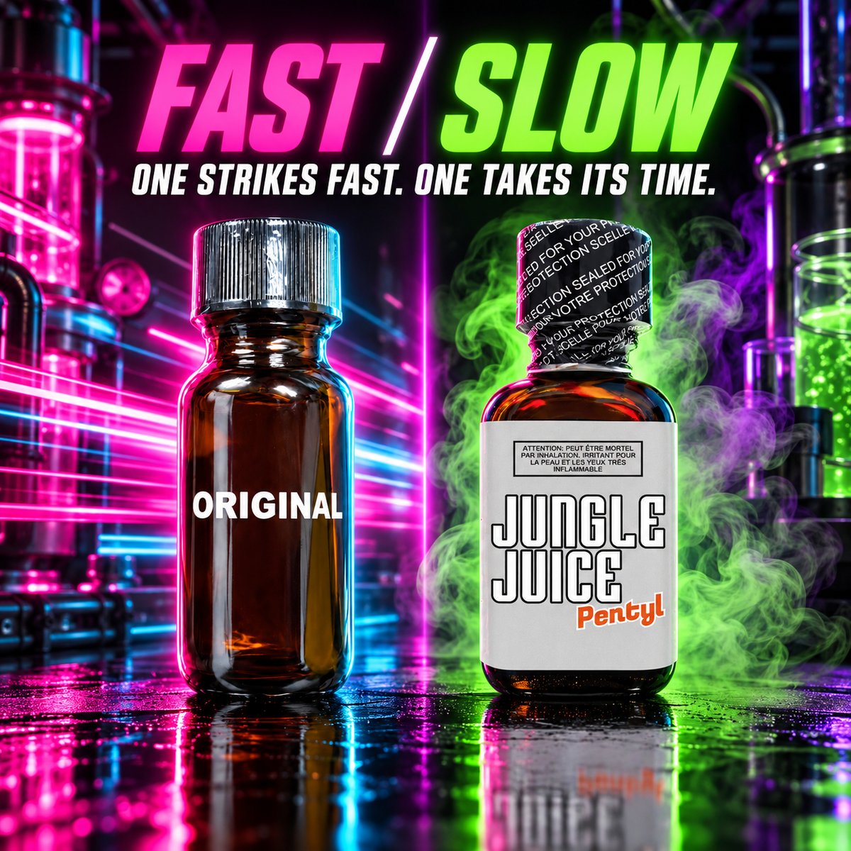 FAST / SLOW neon campaign image — one strikes fast, one takes its time