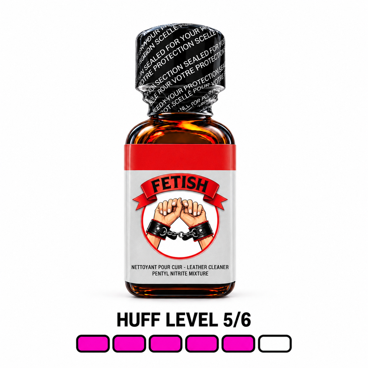 Fetish 25 ml pentyl bottle on white background with Huff Level 5 of 6
