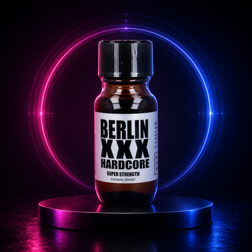 Berlin XXX Hardcore 25 ml on a magenta and blue HuffSluts neon laboratory stage