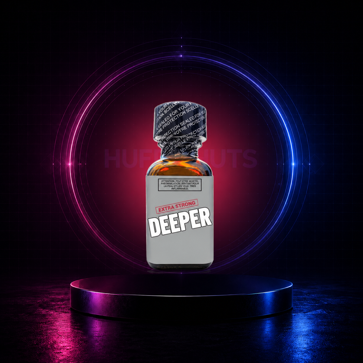 Deeper 25 ml bottle on HuffSluts neon laboratory stage