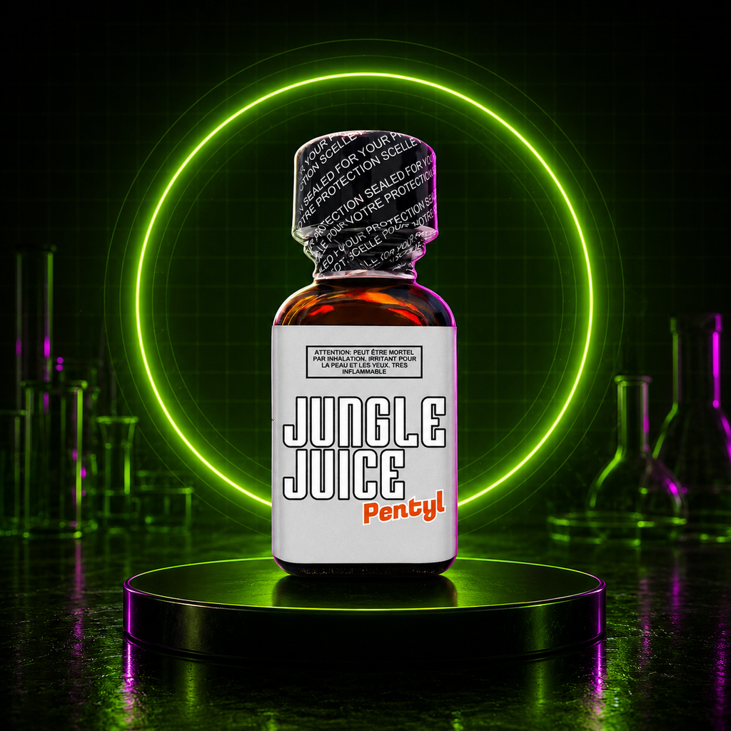 Jungle Juice Pentyl 25 ml on an acid-green and magenta HuffSluts neon laboratory stage