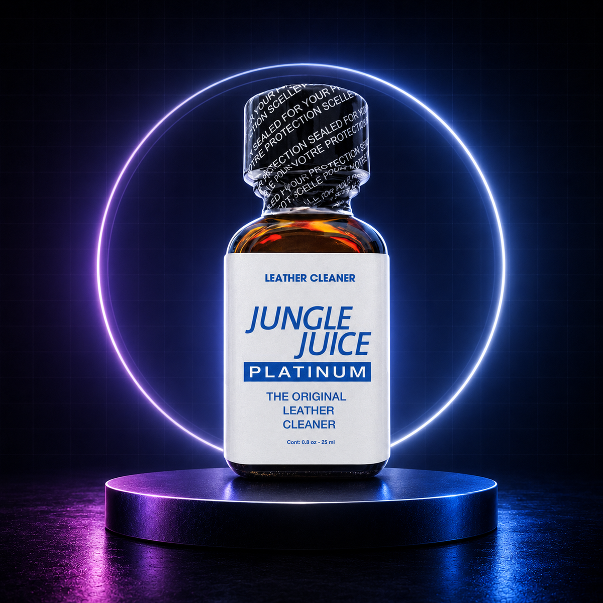 Jungle Juice Platinum 25 ml on a platinum-blue HuffSluts neon laboratory stage
