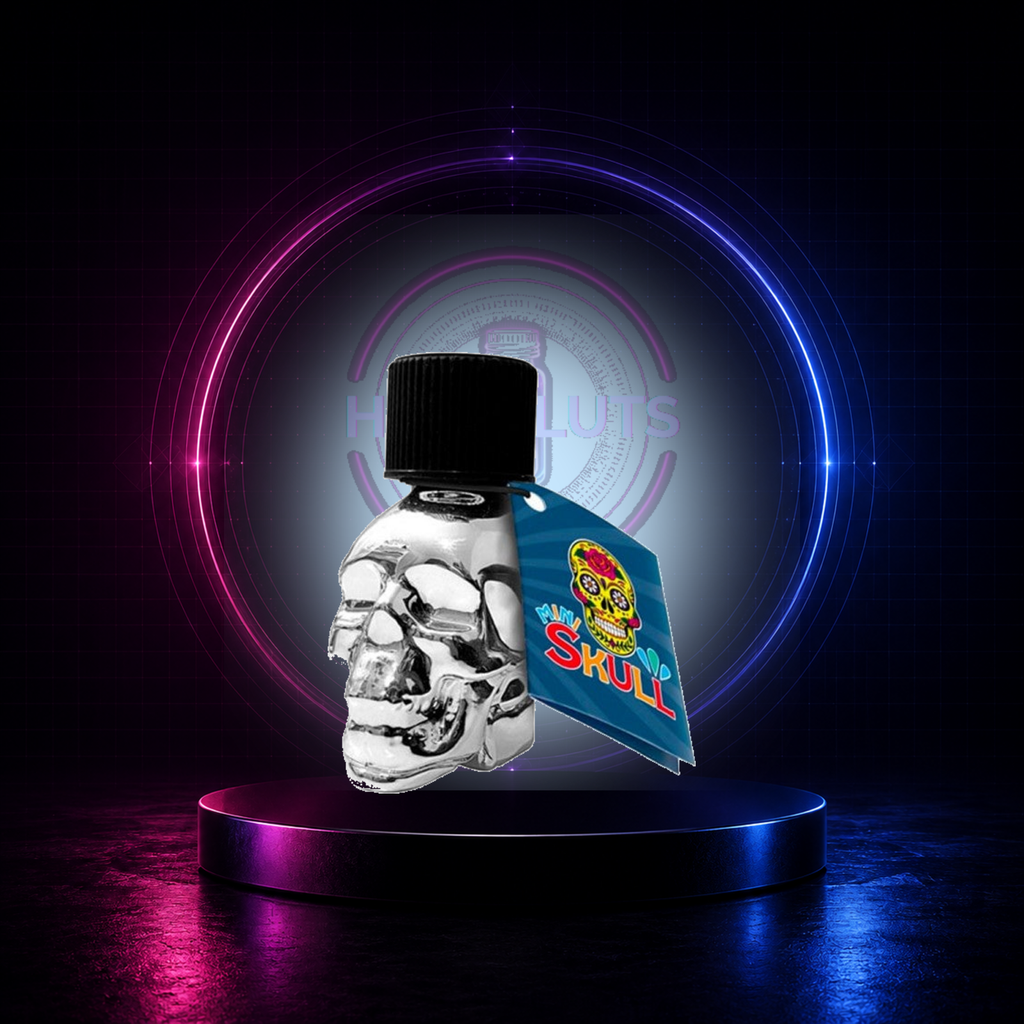 Mini Skull Quick Silver 15 ml with its original blue swing tag on a HuffSluts neon studio background