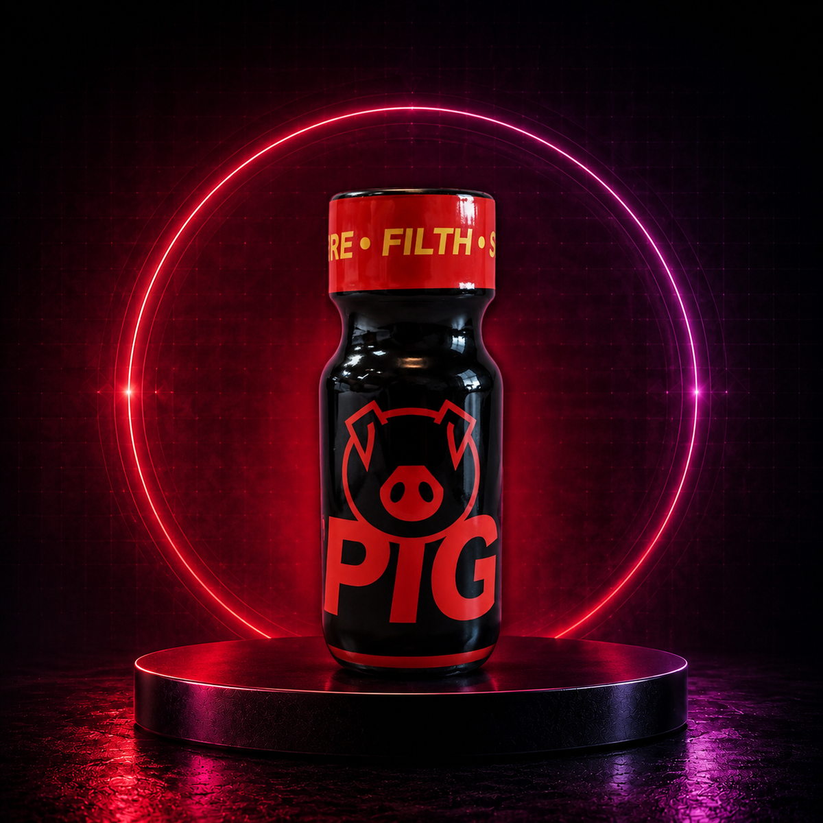 Pig Red 25 ml on a red and magenta HuffSluts neon laboratory stage