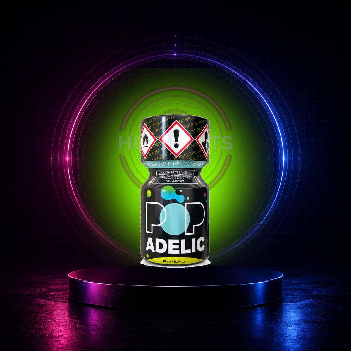 Pop Adelic 10 ml on a HuffSluts acid-lime neon studio background