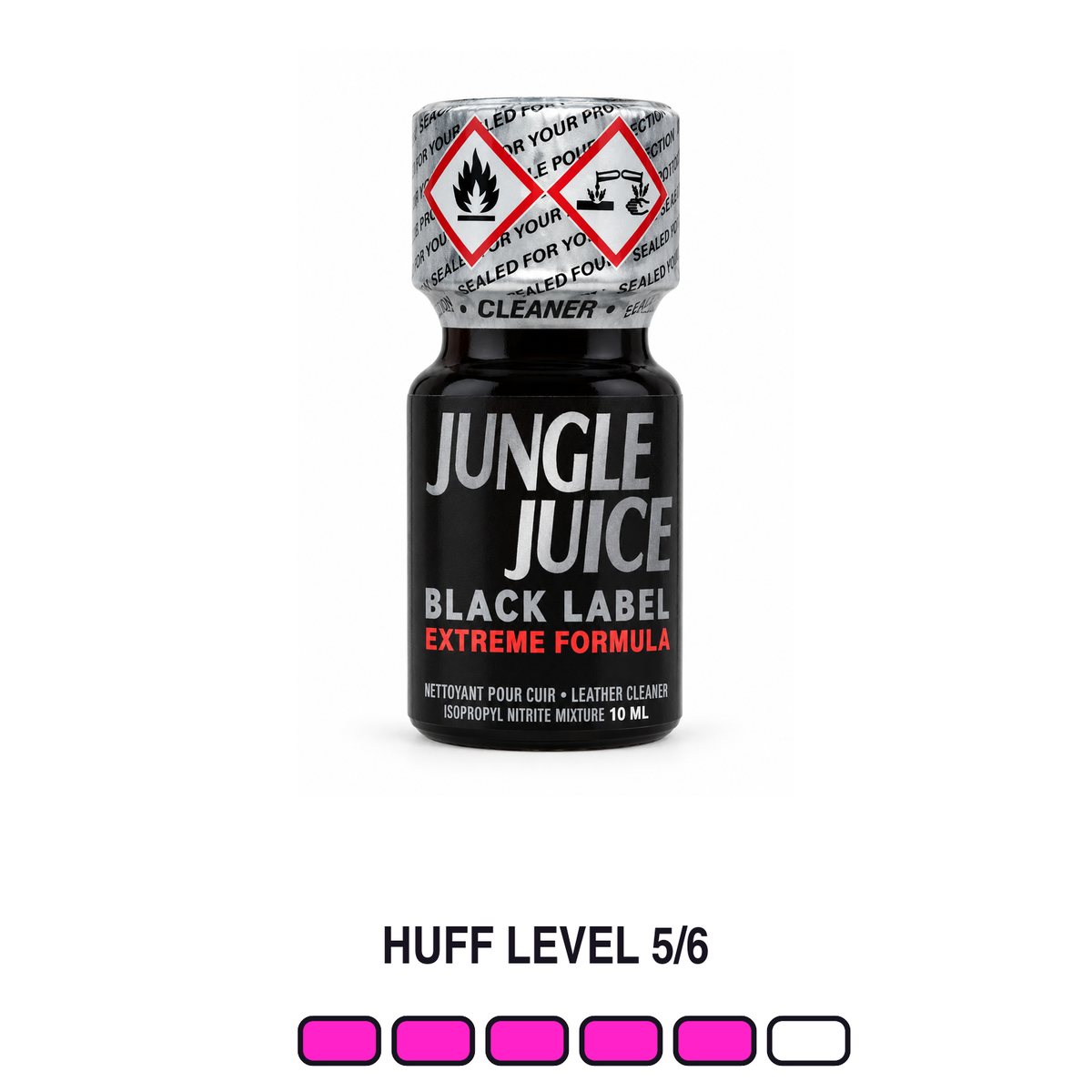 Jungle Juice Black Label 10 ml on white background with Huff Level 5 of 6