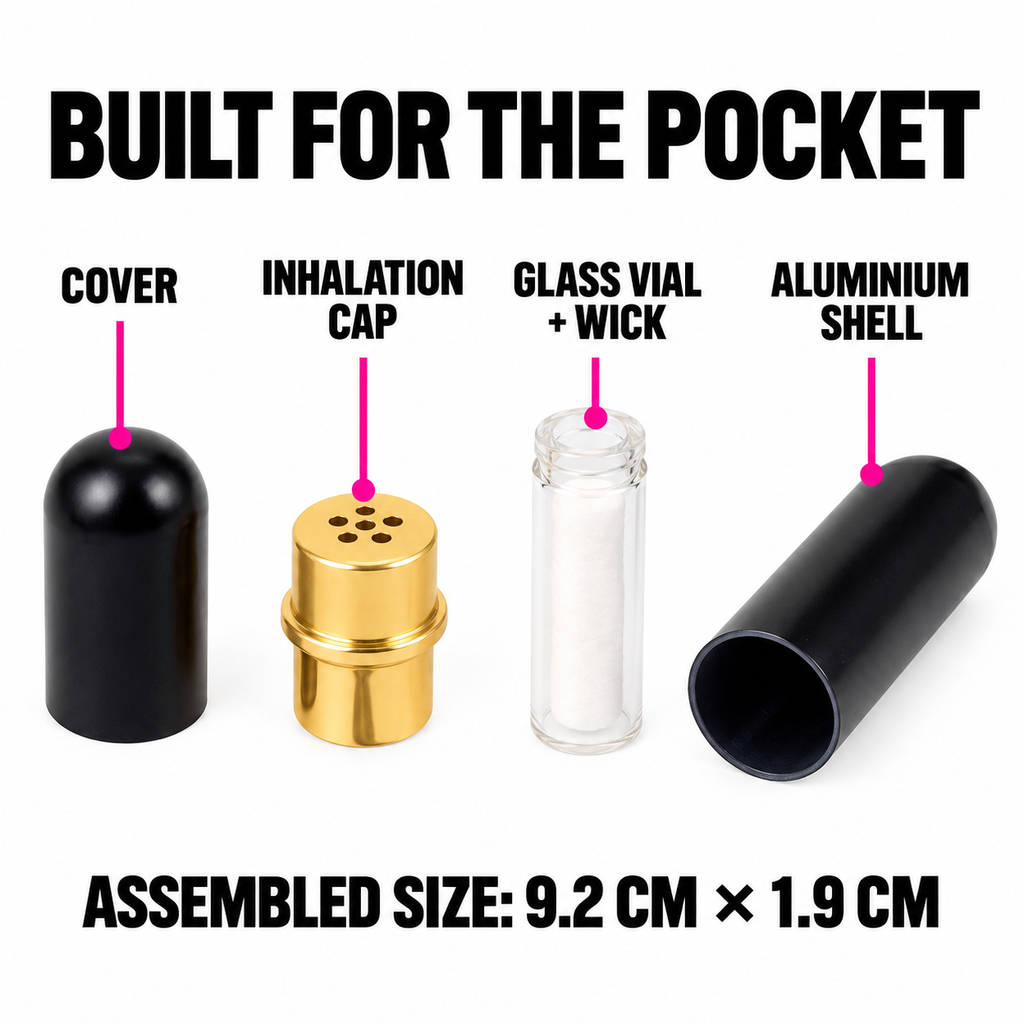 Pocket Huff inhaler aluminium shell and glass vial construction