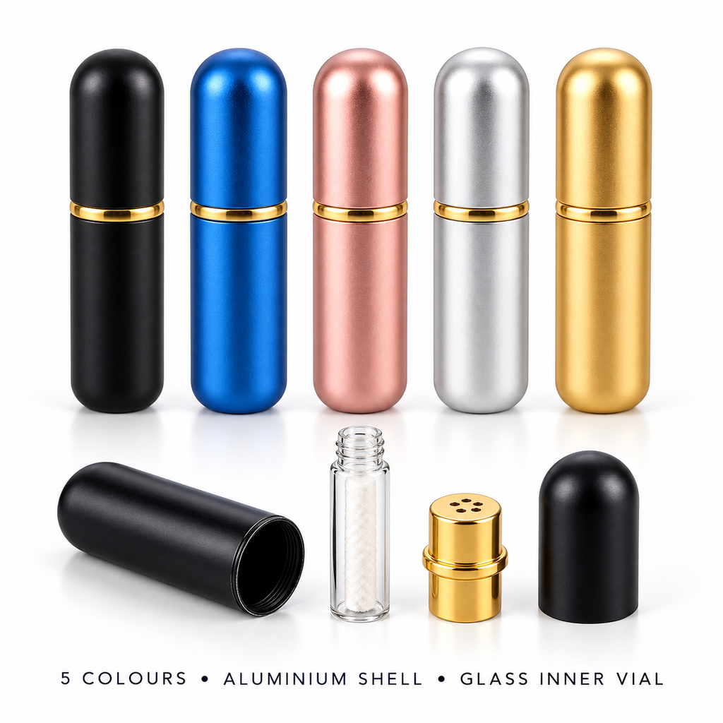 Pocket Huff aluminium and glass inhaler in Black, Blue, Rose Gold, Silver and Gold