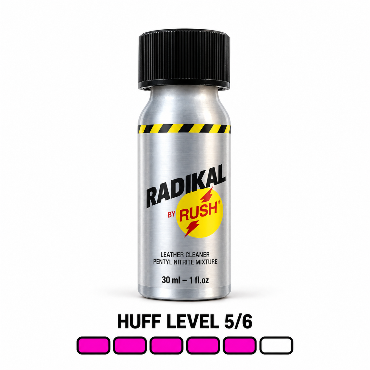 Radikal by Rush 30 ml aluminium bottle on white background with Huff Level 5 of 6