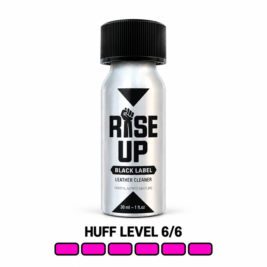 Rise Up Black Label 30 ml bottle on white background with Huff Level 6 of 6