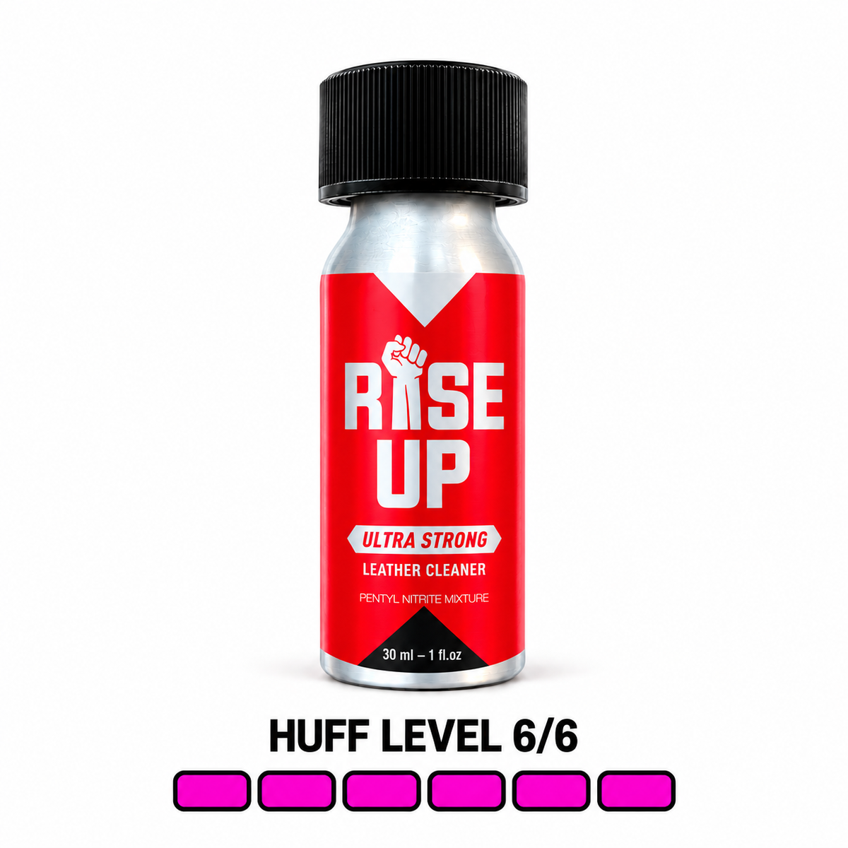 Rise Up Ultra Strong 30 ml bottle on white background with Huff Level 6 of 6