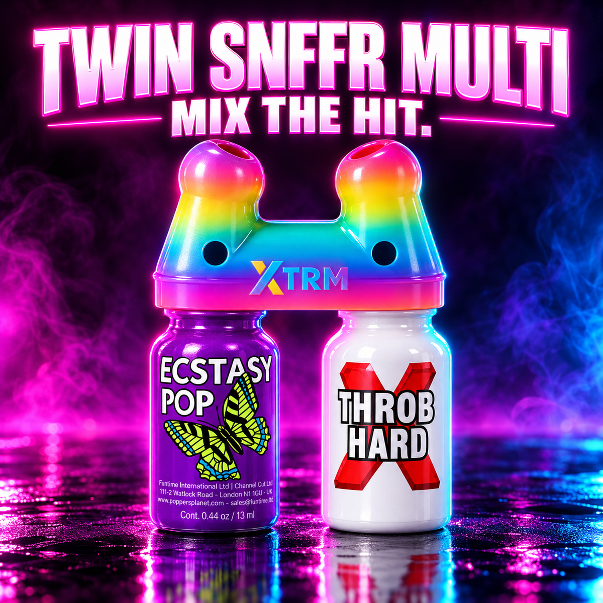 Twin SNFFR Multi fitted to Ecstasy Pop 13 ml and Throb Hard 10 ml bottles